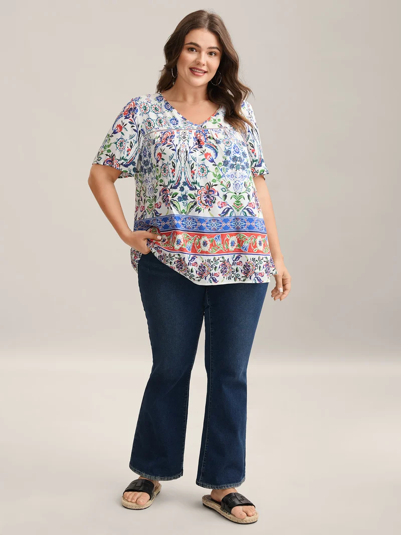 Rayon Floral Boho Print Lace Trim Blouse