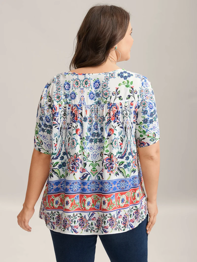 Rayon Floral Boho Print Lace Trim Blouse