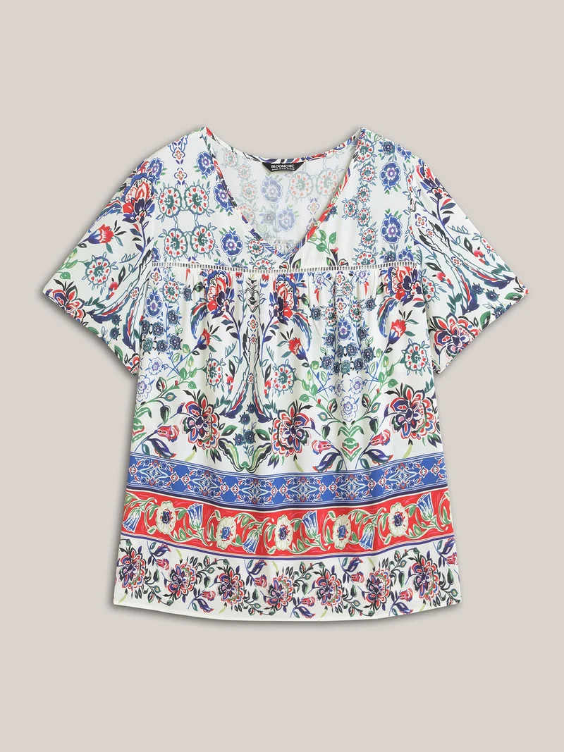 Rayon Floral Boho Print Lace Trim Blouse