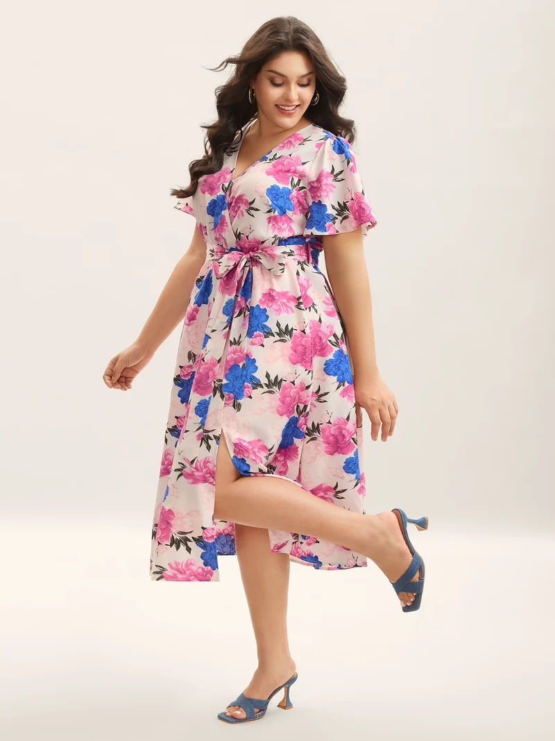 Large Floral Print Belted Pocket Midi Dress