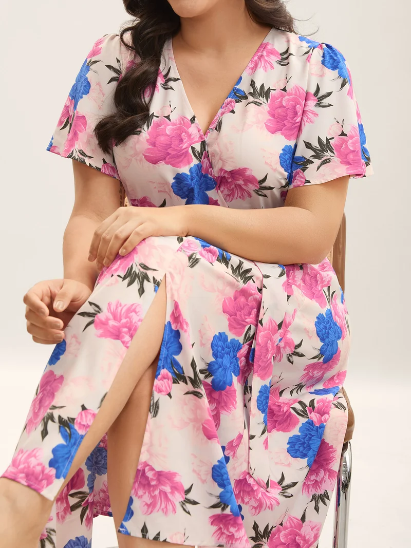 Large Floral Print Belted Pocket Midi Dress