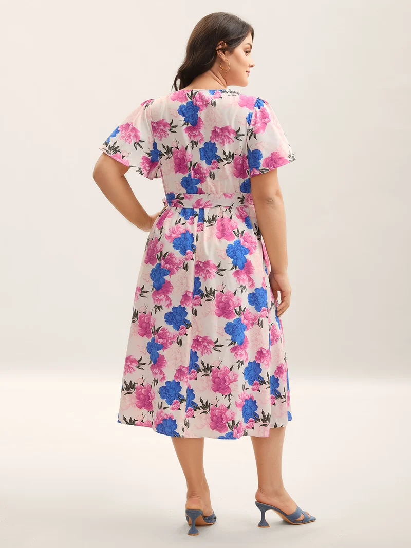 Large Floral Print Belted Pocket Midi Dress