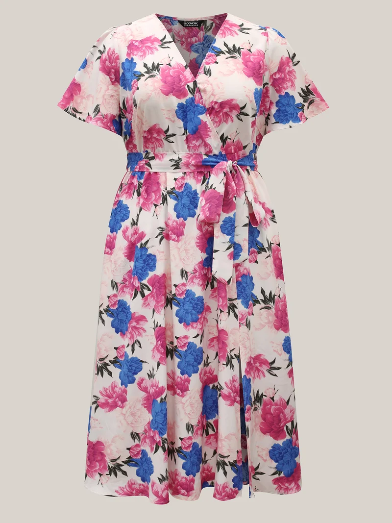 Large Floral Print Belted Pocket Midi Dress