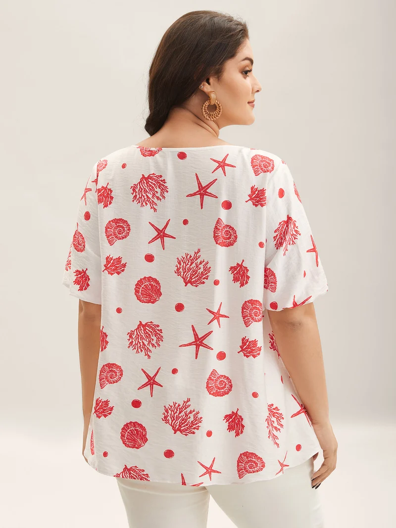 Seashore Print Keyhole Pleated Blouse