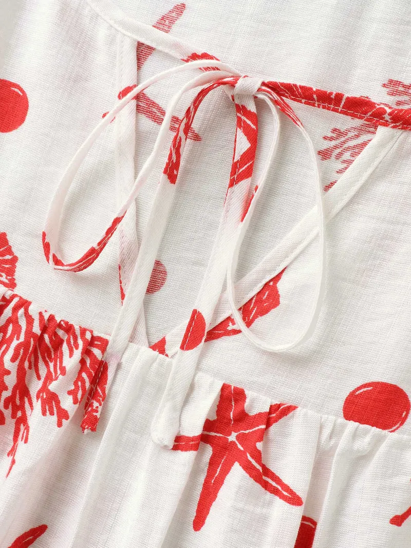 Seashore Print Keyhole Pleated Blouse