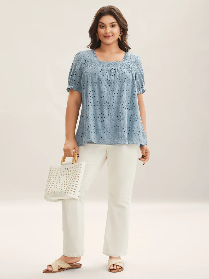 Eyelet Trim Shirred Neck Puffy Sleeve Blouse