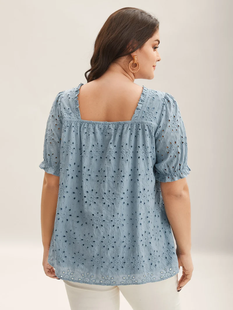 Eyelet Trim Shirred Neck Puffy Sleeve Blouse