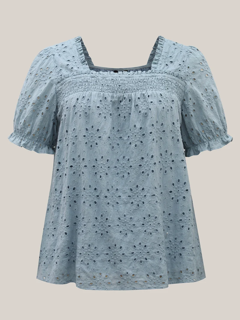 Eyelet Trim Shirred Neck Puffy Sleeve Blouse