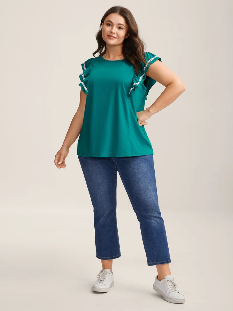 Color Contrast Lace Flutter Sleeve Sleeveless Top