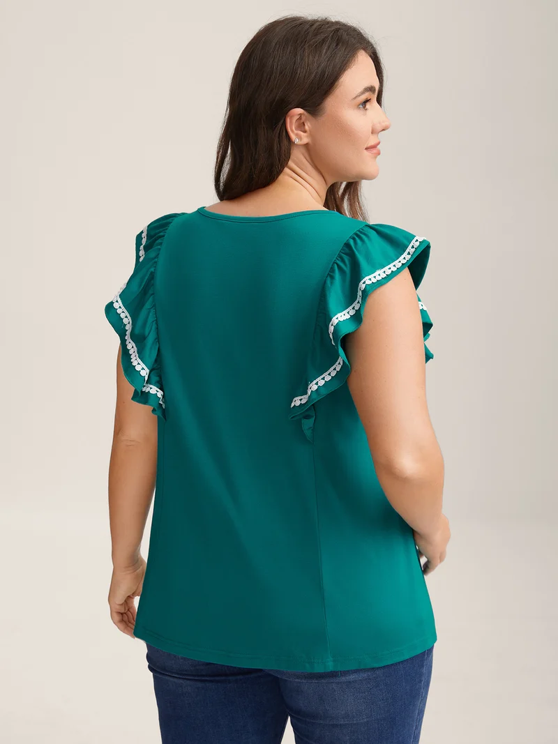 Color Contrast Lace Flutter Sleeve Sleeveless Top