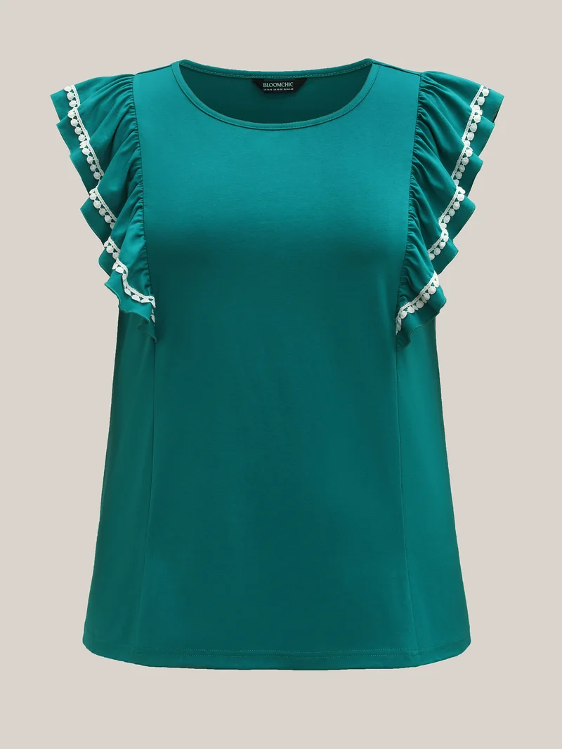 Color Contrast Lace Flutter Sleeve Sleeveless Top