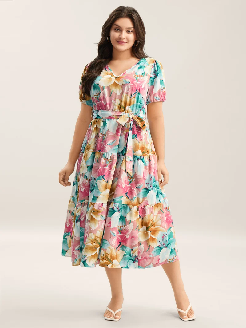 Colorful Floral Stretchy Waist Belted Dress