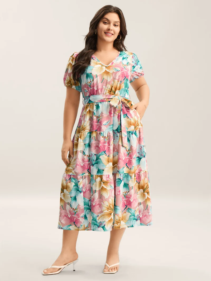 Colorful Floral Stretchy Waist Belted Dress