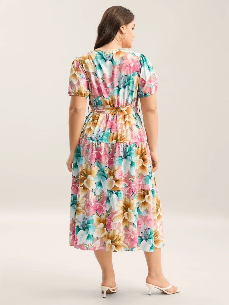 Colorful Floral Stretchy Waist Belted Dress