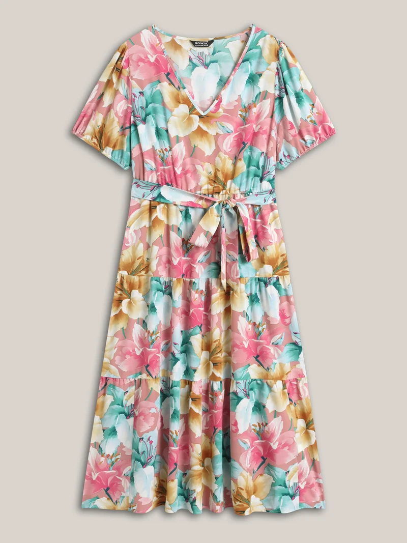 Colorful Floral Stretchy Waist Belted Dress