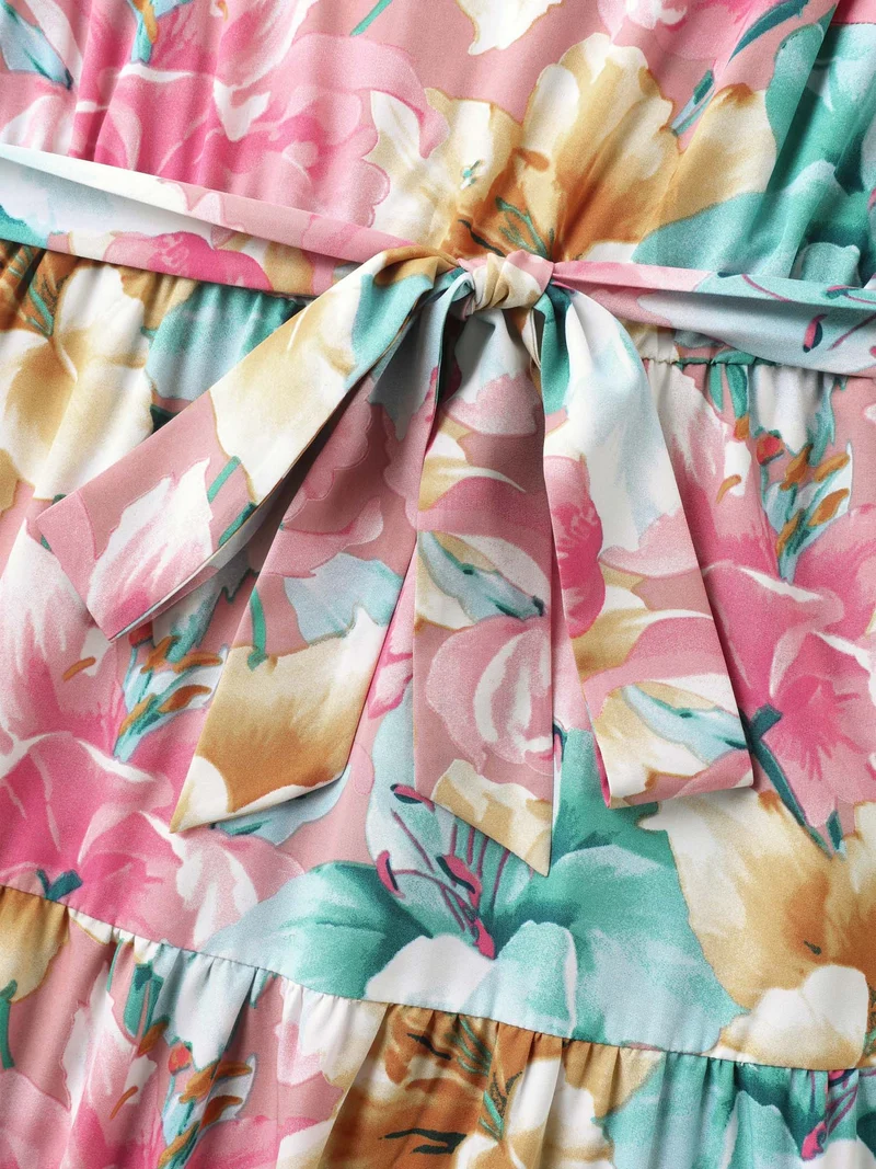 Colorful Floral Stretchy Waist Belted Dress