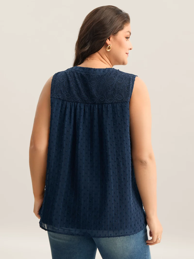 Textured Lace Detail Neck Tie Sleeveless Top