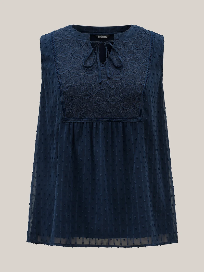 Textured Lace Detail Neck Tie Sleeveless Top