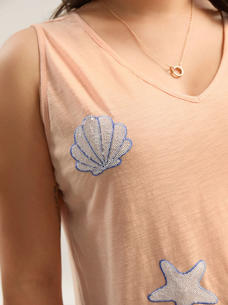Seashells Sequin Plain Tank Top