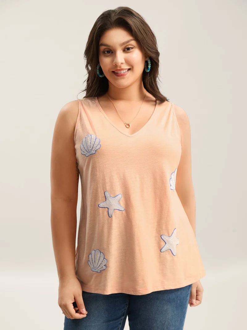 Seashells Sequin Plain Tank Top