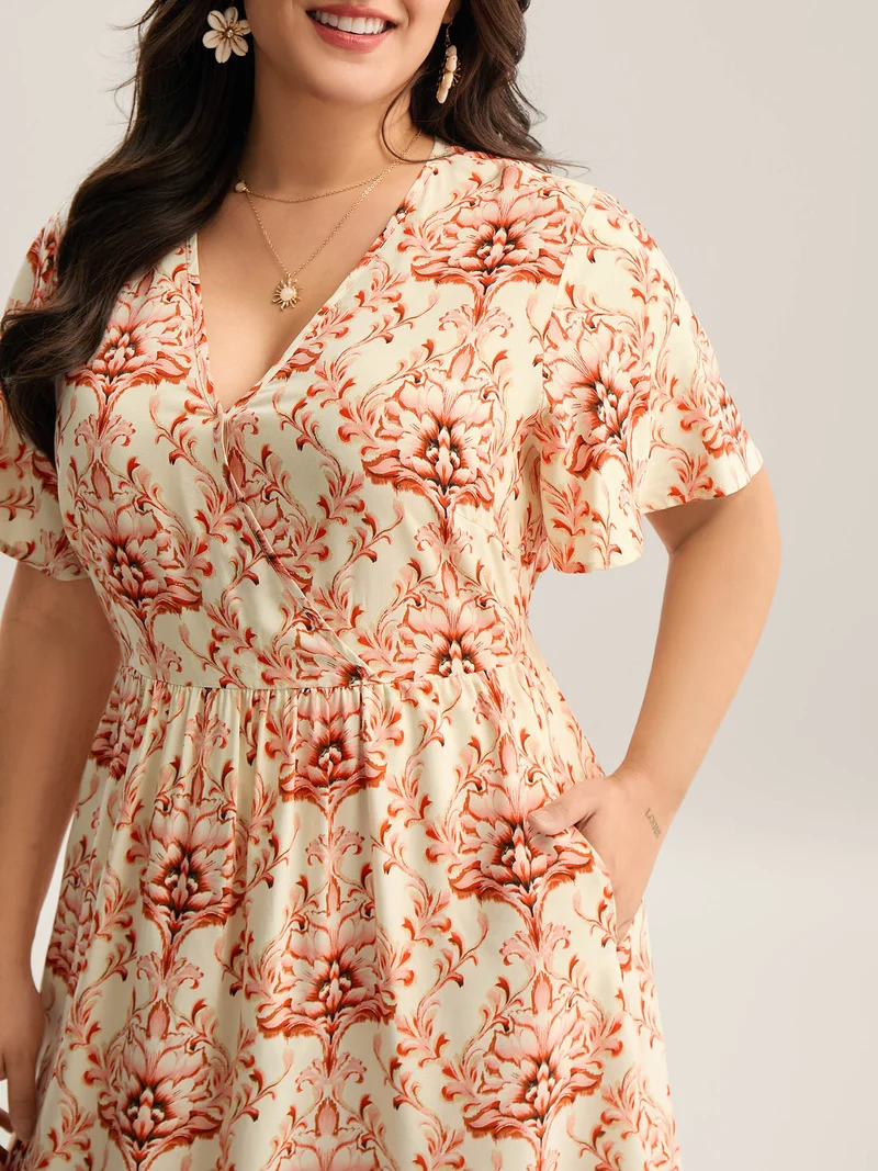 Boho Floral Print Pockets Midi Dress