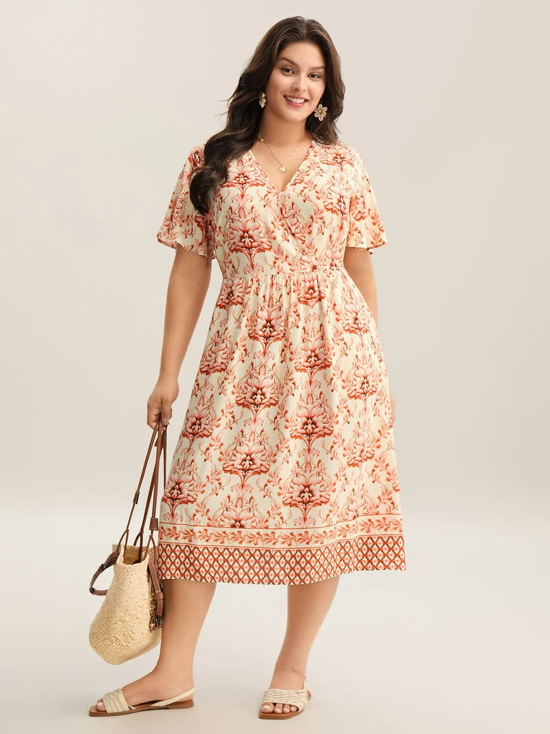 Boho Floral Print Pockets Midi Dress