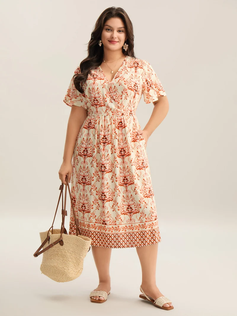Boho Floral Print Pockets Midi Dress