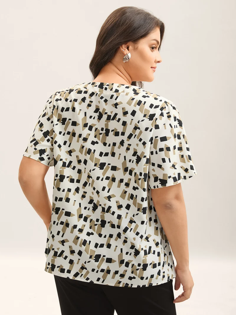 Geometric Print Ribbon Collar Blouse