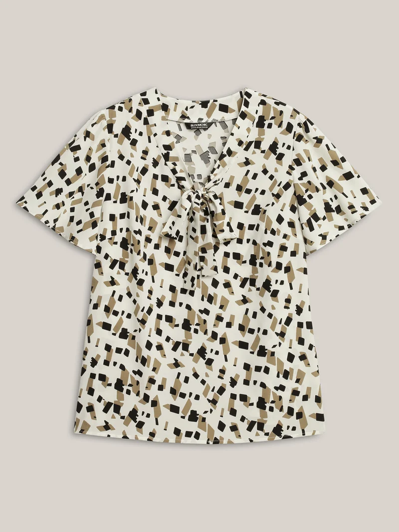 Geometric Print Ribbon Collar Blouse