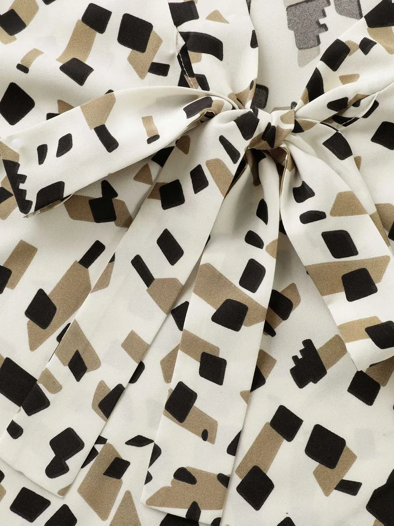 Geometric Print Ribbon Collar Blouse