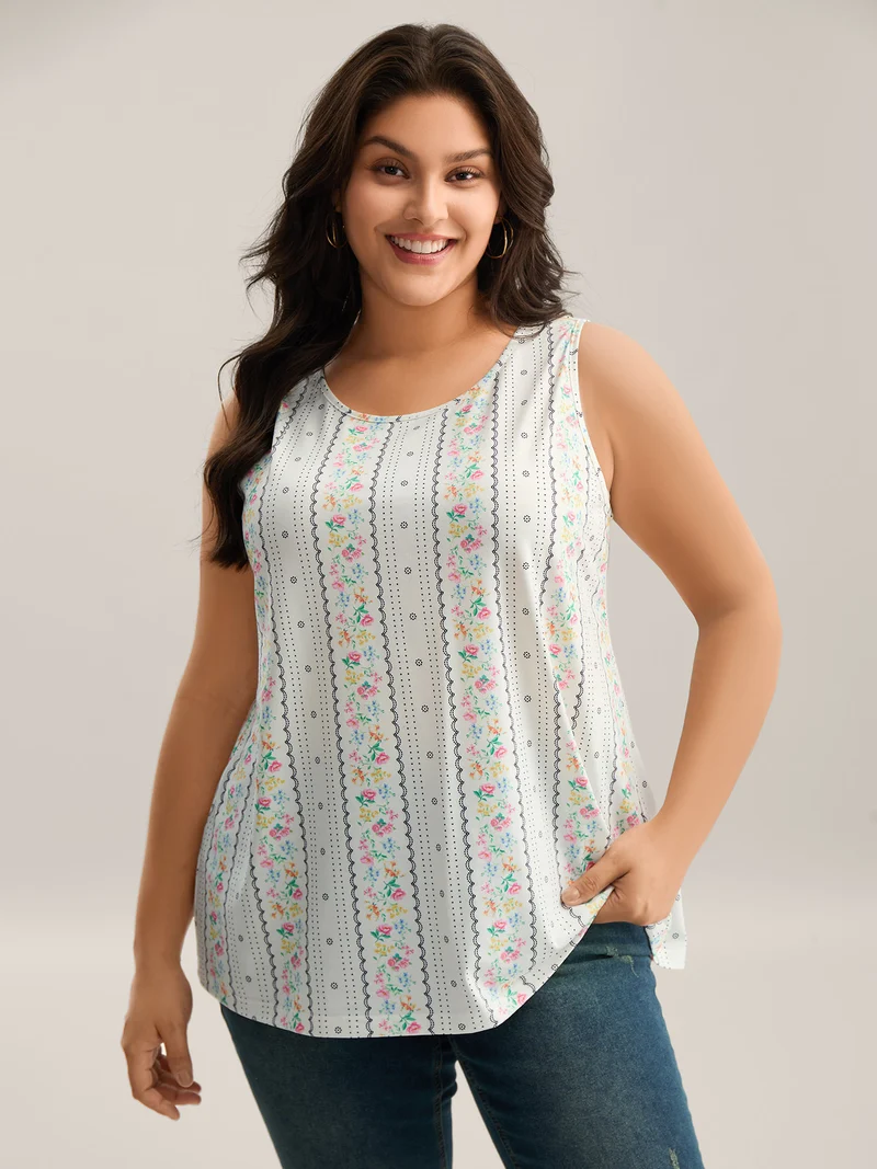 Floral Print Panels Fitted Tank Top