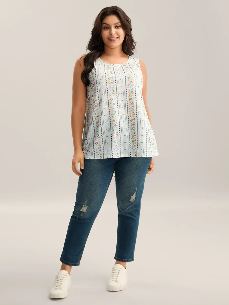Floral Print Panels Fitted Tank Top