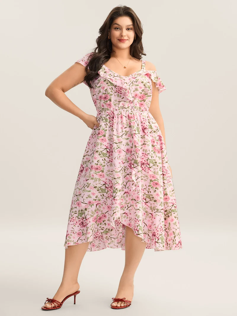 Floral Print Wrap One-Shoulder Midi Dress