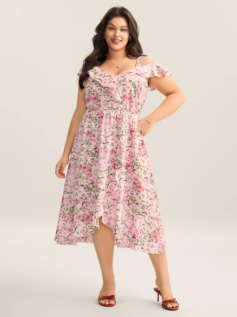 Floral Print Wrap One-Shoulder Midi Dress