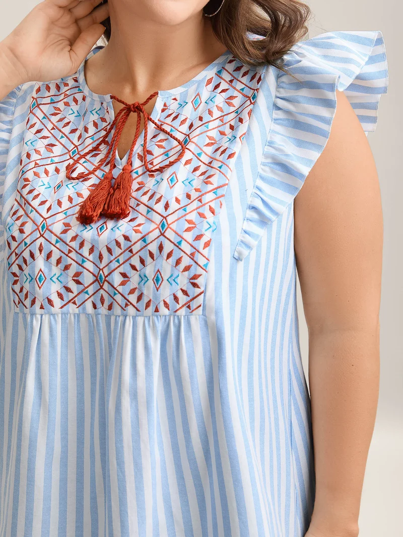Embroidered Stripe Neck Tie Blouse