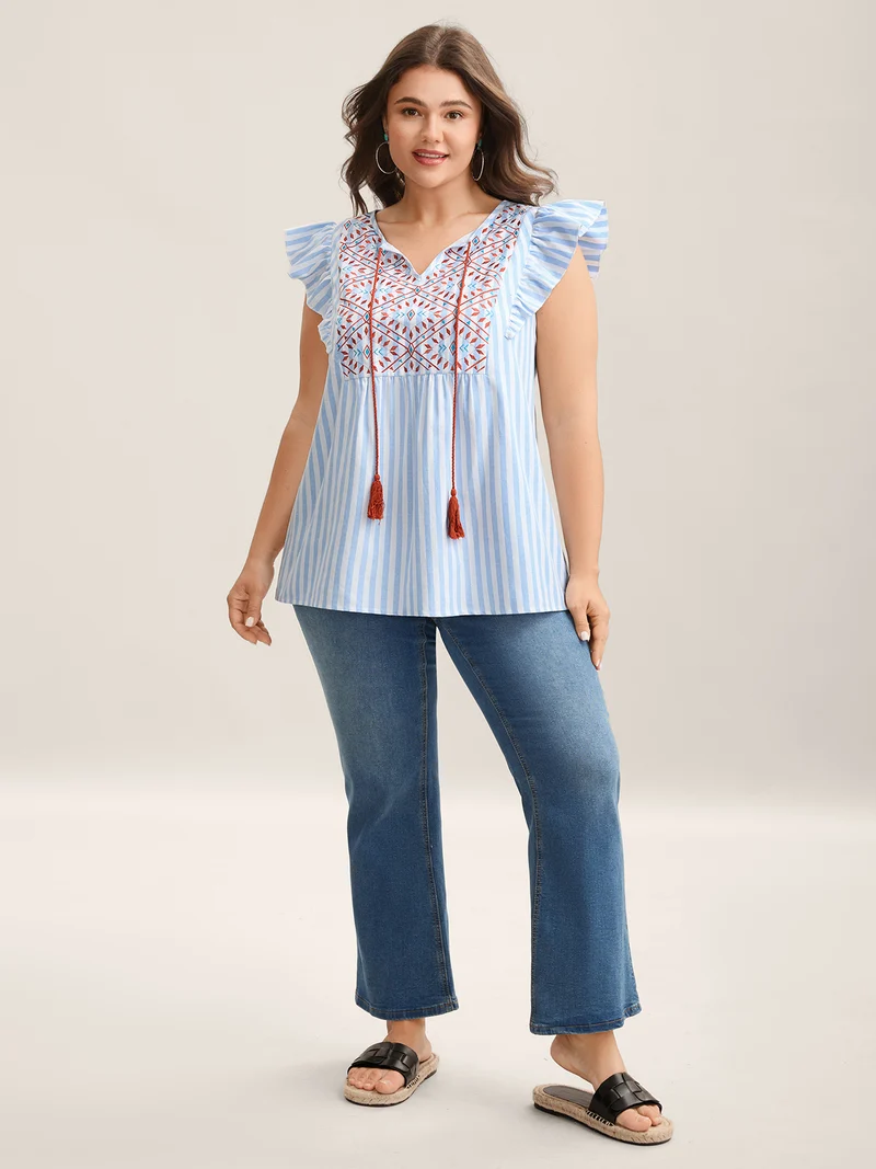 Embroidered Stripe Neck Tie Blouse