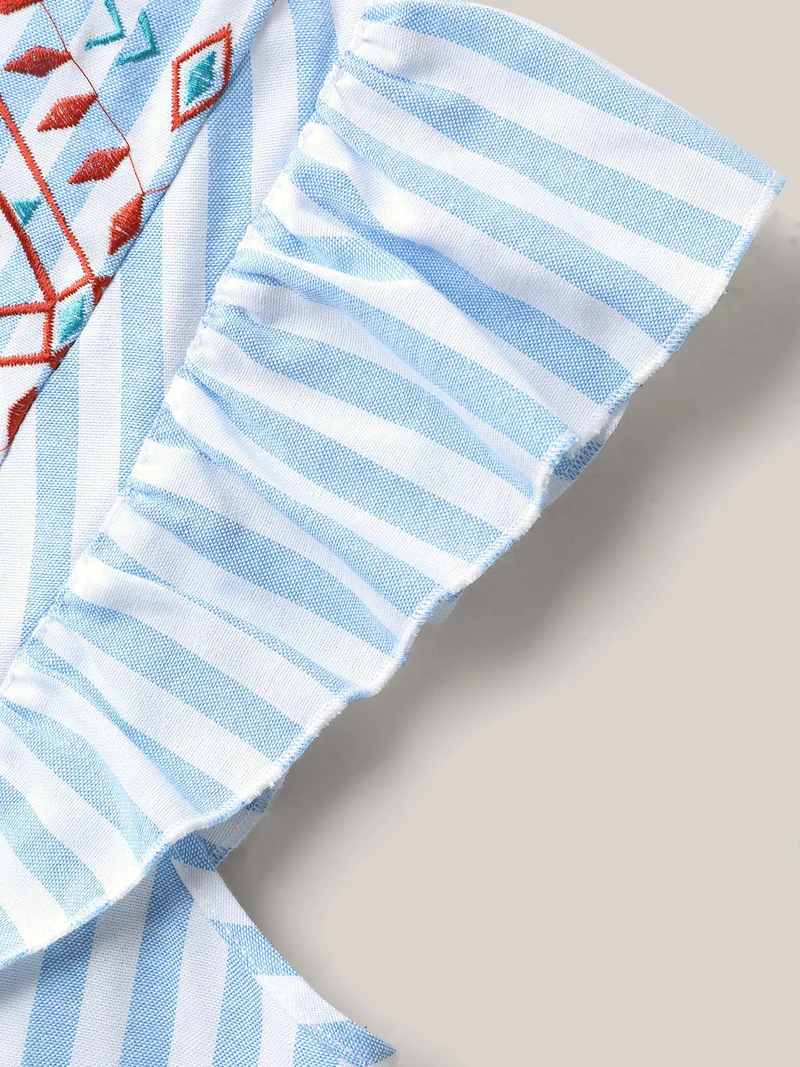 Embroidered Stripe Neck Tie Blouse