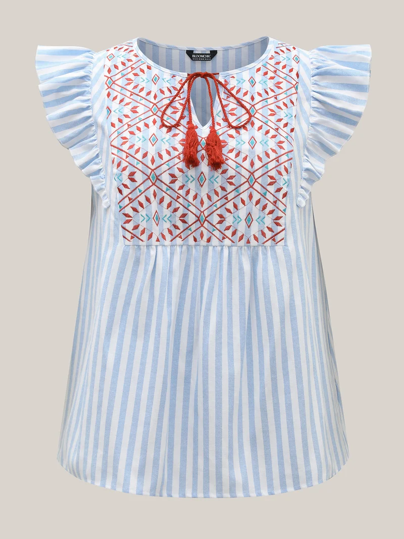 Embroidered Stripe Neck Tie Blouse