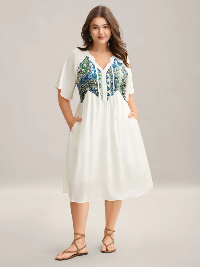 Rayon Boho Print Asymmetrical Waist Midi Dress