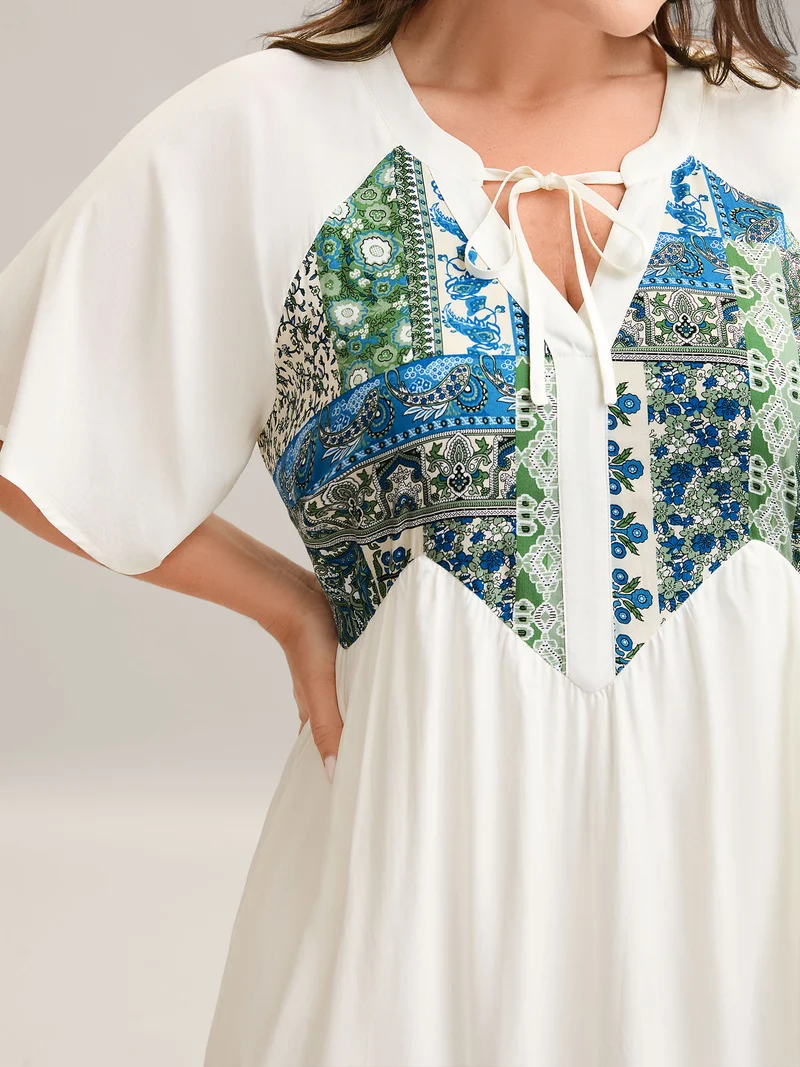 Rayon Boho Print Asymmetrical Waist Midi Dress