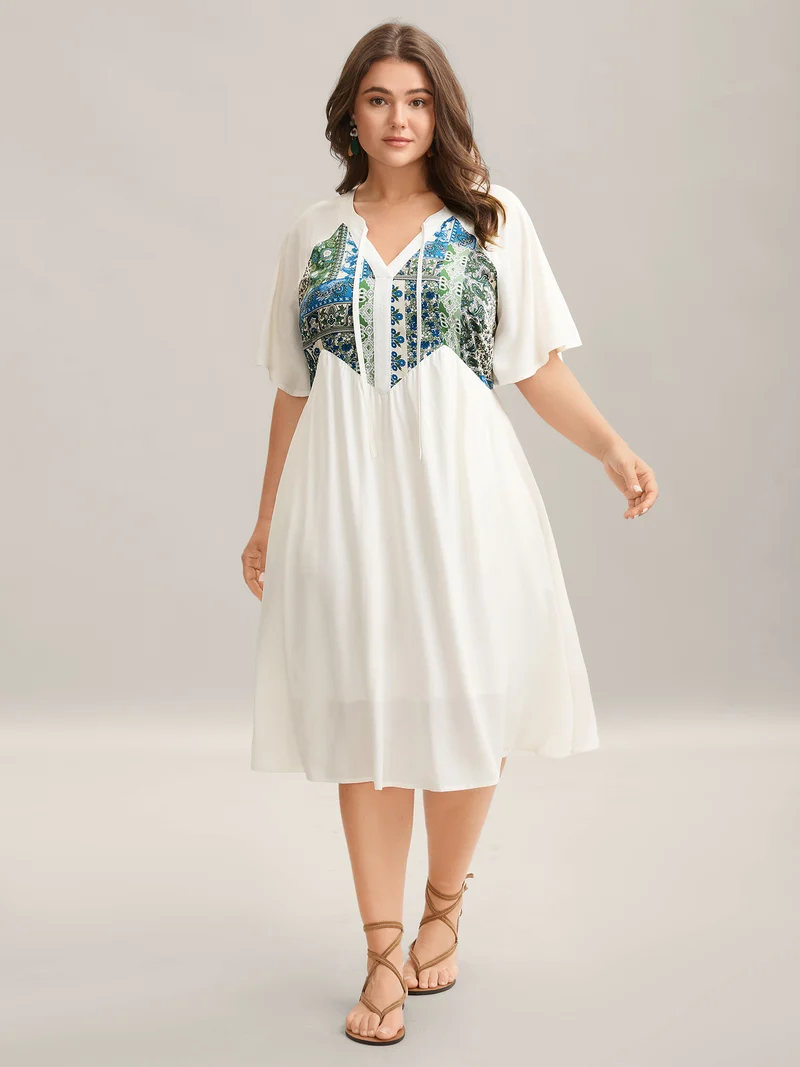 Rayon Boho Print Asymmetrical Waist Midi Dress