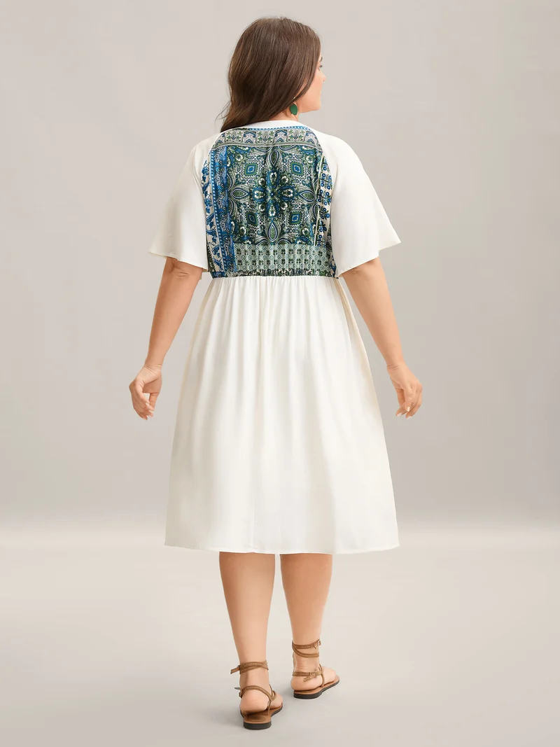 Rayon Boho Print Asymmetrical Waist Midi Dress