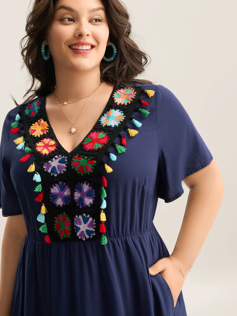 Rayon Colorful Tassels Stretchy Waist Midi Dress