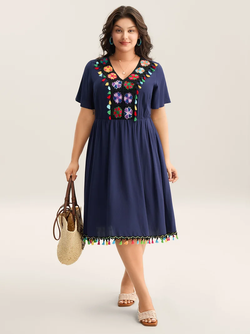 Rayon Colorful Tassels Stretchy Waist Midi Dress