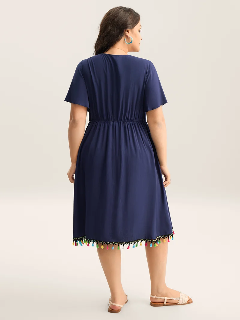 Rayon Colorful Tassels Stretchy Waist Midi Dress