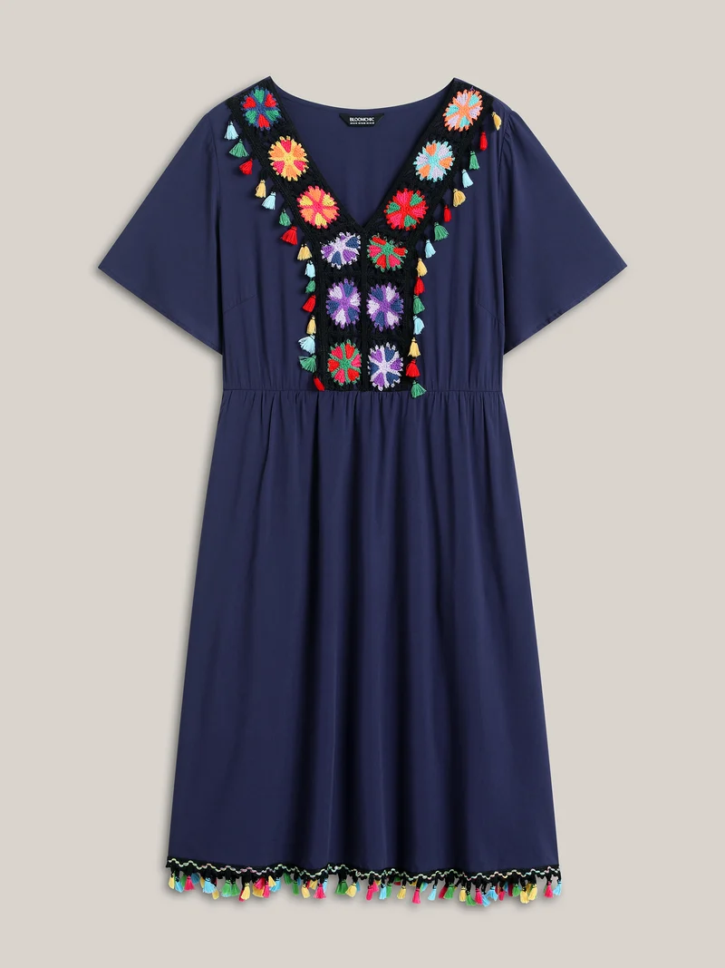 Rayon Colorful Tassels Stretchy Waist Midi Dress