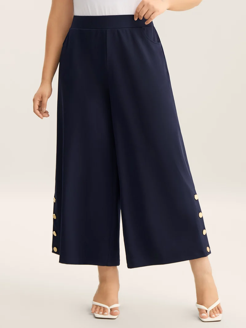 Button Detail Wide-Leg Pull-On Pants