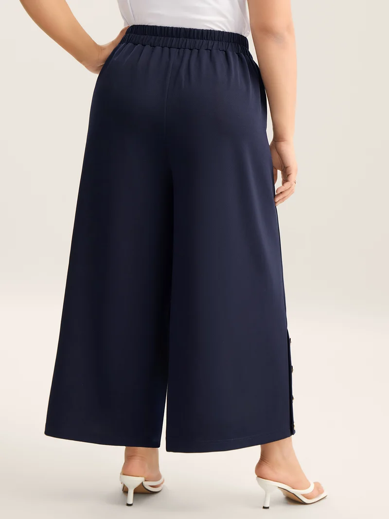 Button Detail Wide-Leg Pull-On Pants