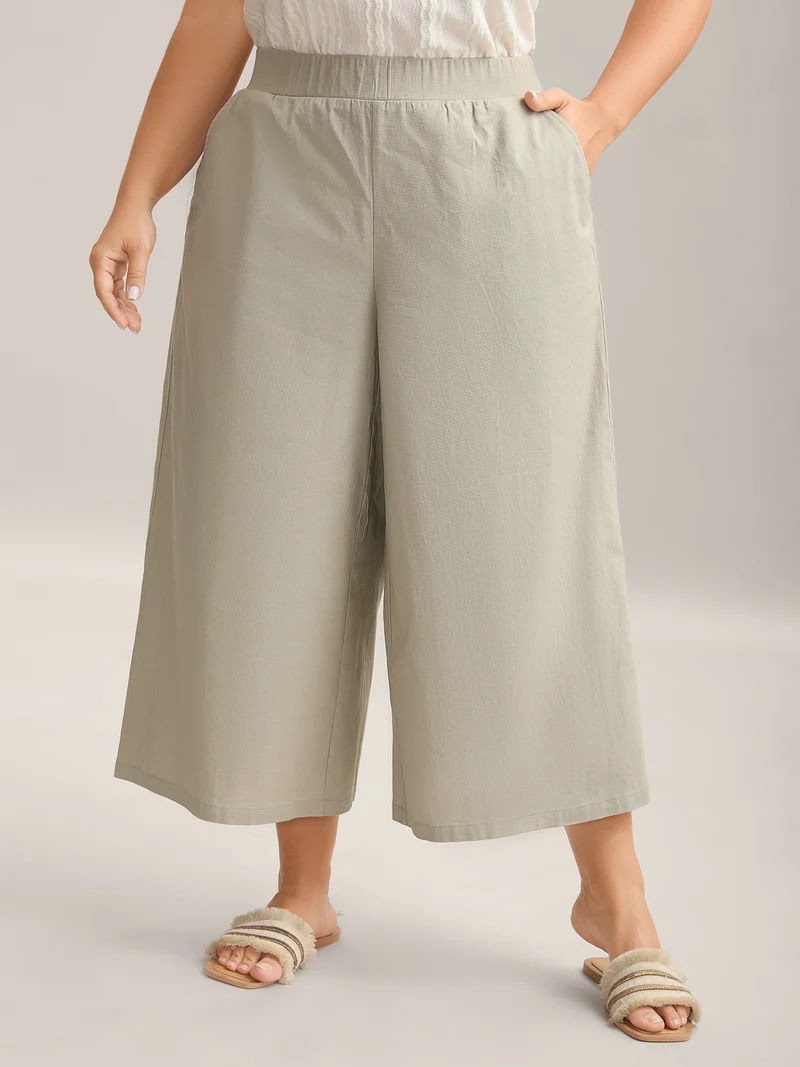 Cotton Linen Blend Stretchy Wide-Leg Pants