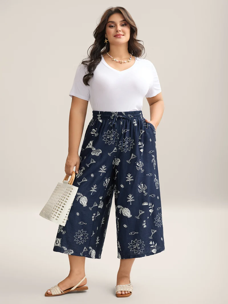 Marine Print Flowy Wide-Leg Pants